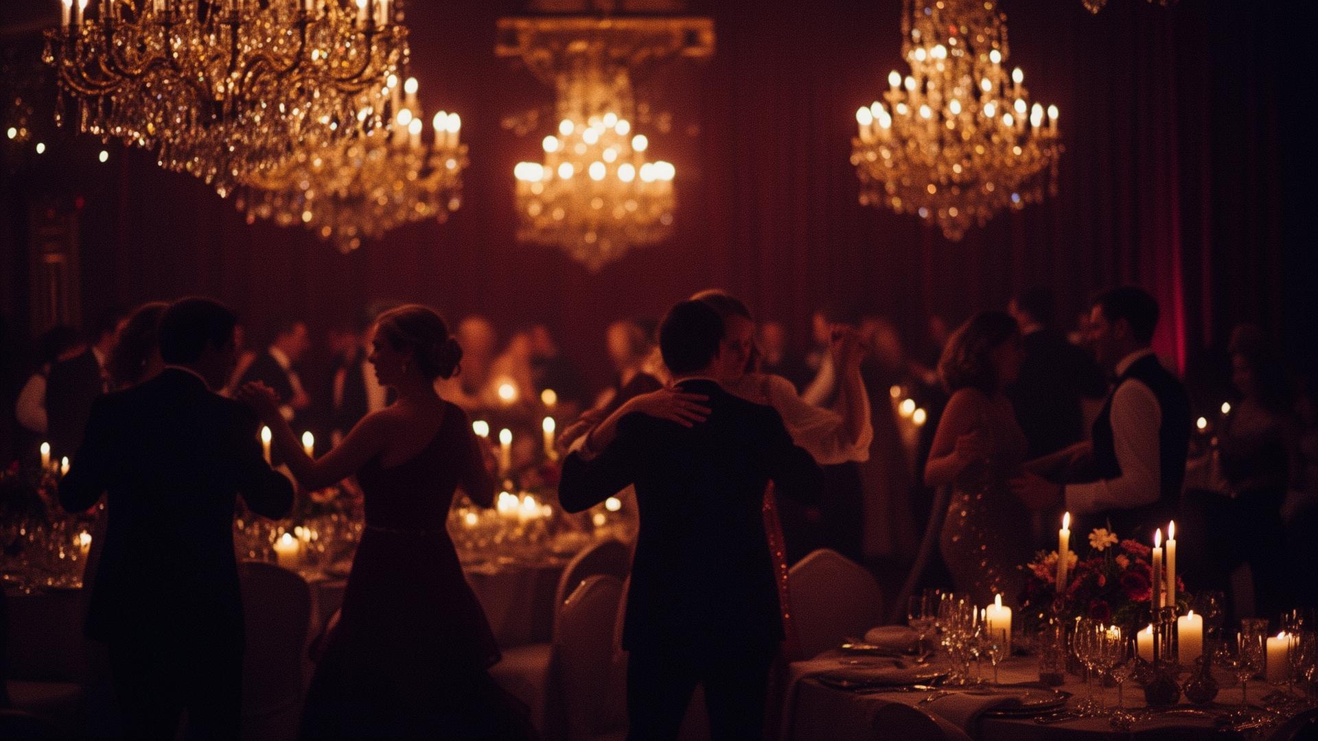 Sfeervol diner met dansende gasten onder kroonluchters